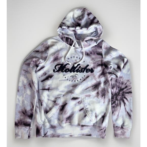 Hollister Tie Dye Hoodie Sweatshirt Women’s Medium Purple White Logo Pocket - Picture 2 of 9